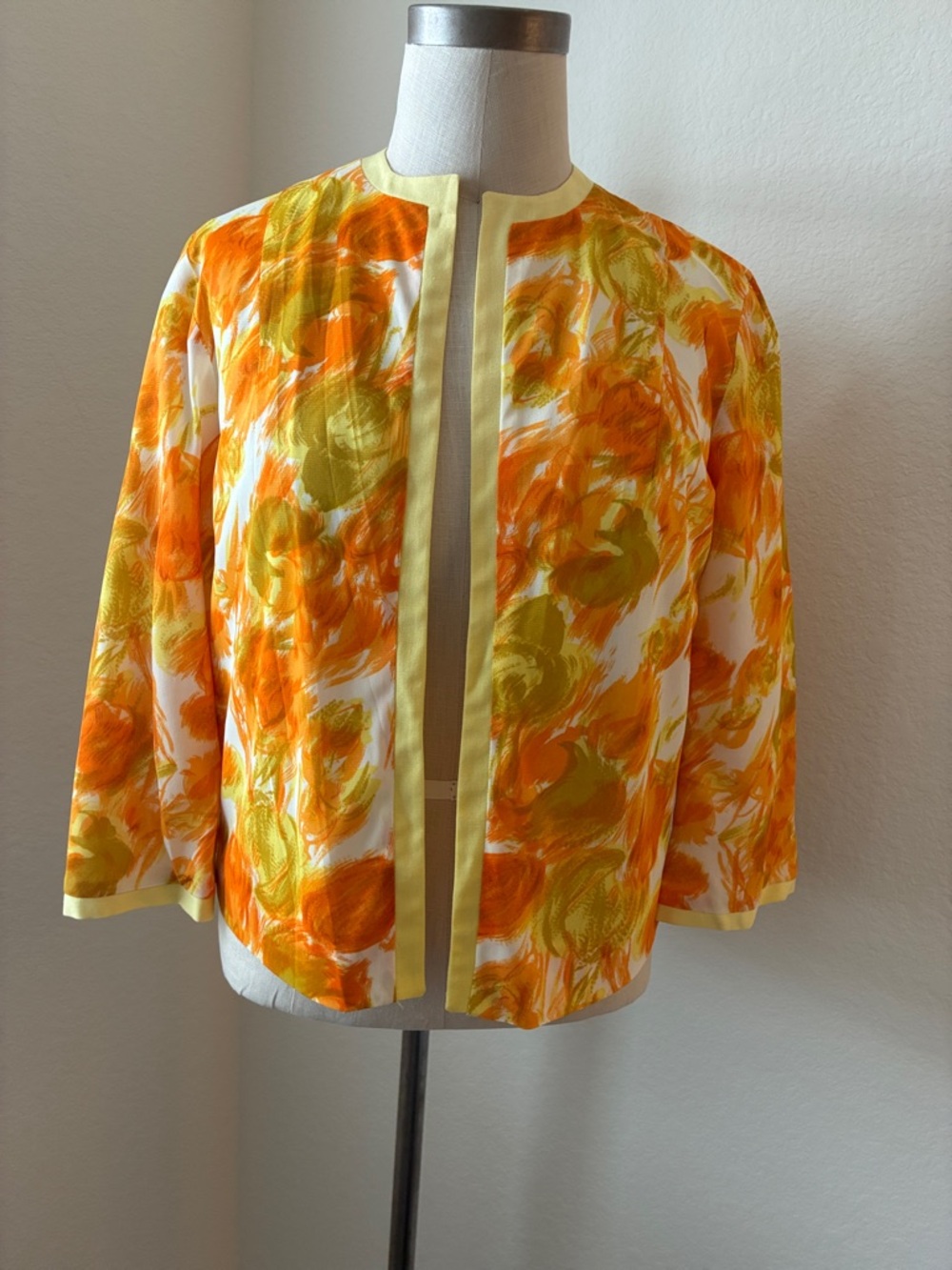 Vtg 60s 70s Cannady Creations Hollywood Abstract Floral Jacket Yellow Orange